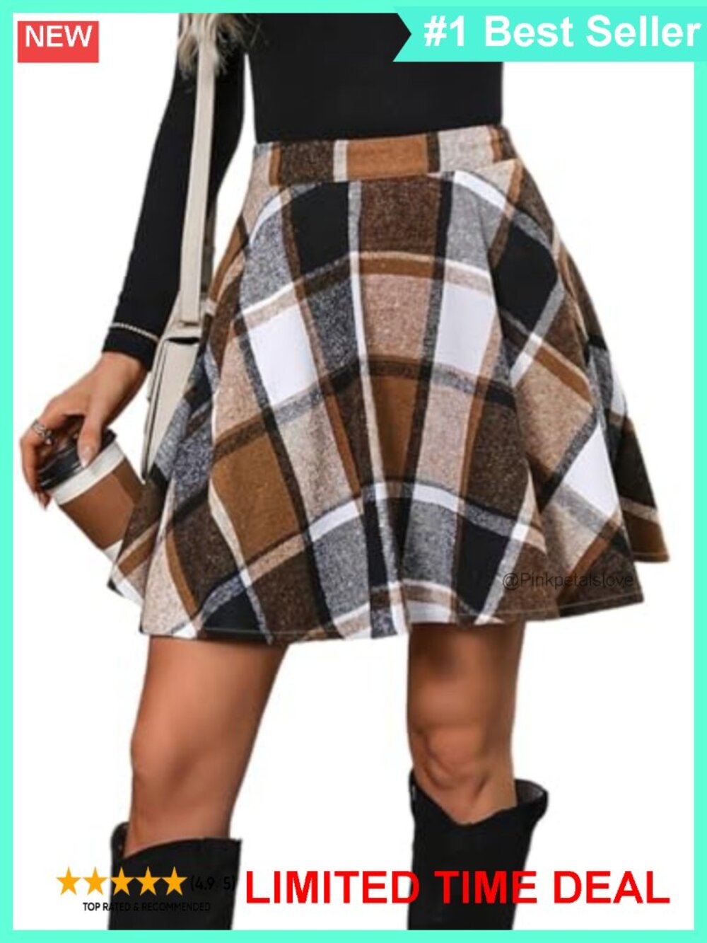 Plaid Pleated A-Line Mini Skirt Wool Blend High Waisted Lined